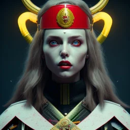 German woman, rounded face, blood, black, red, green, samurai helmet, decorative color feathers, retro, bamboo, leather, soft color, highly detailed, art stations, concept art, smooth, unreal engine 5, god rays, ray tracing, RTX, lumen lighting, ultra detail, volumetric lighting, 3d, finely drawn, high definition, high resolution.