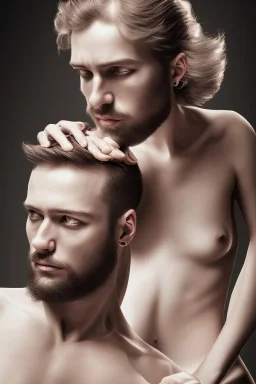 BDSM style, 8K, a Highly detailed stunning portrait of Dom man with a kneeling submissive woman, white suit, beard, and short hair, bad boy,