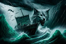 A giant lumbering grey wolf attacks a tiny boat in a stormy sea, a dark, ominous image, black, turquoise (a little closer to green) and white colours, rain, wind, lightning, dynamic, surreal. And a cat. Definitely a cat.