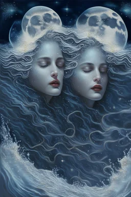 Diana with moon stars waves water twins