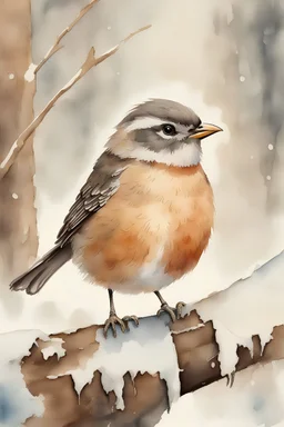 (anthropomorphic small bird),small size, watercolor art:0.5,cute, winter forest on background, leather armour and straps, paper texture,