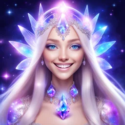 entire face and head of a beautiful bright fairy cosmic women with cosmic long straight hair, crystal jewel and dressed with a magic crystal suit. she has light make up and a sweety smile. she has a magic bright ray