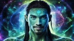 beautiful gorgeous young man na'vi with long hair, Avatar, blue skin, two small ears, green eyes, black hair, in cosmic suit, galactic ambiance, medium pointy goatee , smiling, nebulas and sacred geometry light figures on the backgroud,