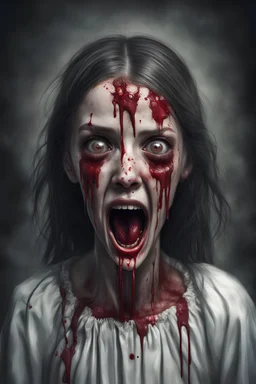 A horror digital realism portrait of a saint blind girl with gloomy eyes and bleeding mouth shouting her soul out