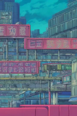 Brutalist style architecture cityscape, neon lights, vibrant billboards, traffic