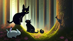 A black cat staring a white rabbit in the forest.