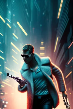 white man playing saxophone, big hair, blade runner setting, volumetric lighting, particals, intricate detail,realistc, close up