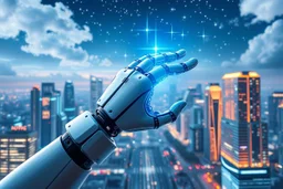 a robotic hand holding a modern city ,blue sifi ,stars in sky,