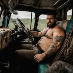 photography of a burly truck beefy driver at rest in truck, inside cab, shirtless, sweaty, massive with tattoos and short beard, Romanian, muscular, male chest, big tights, frontal view, seen from below