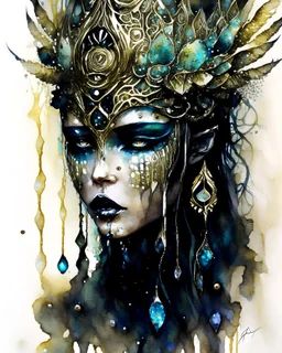 Aquarelle vantblack pouring Acrylic A beautiful voidcore shamanism biomechanical watercolour woman angelic Beauty extremely textured botanical faced portrait with a voidcore filigre gothica headdress with metallic filigree gothica ornaments around ribbed with agate stones half face masqu azurit mineral stone metallic watercolour palimpsest steampunk filigree Golden voidcore shamanism foral pansy margaréta daisy black ink on half face masque gothica filigree voidcore athmospheric portrait liquid