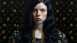 Retrato pictórico de mujer joven de cabello negro azabache largo, rostro compuesto por piezas de rompecabezas desalineadas, lleva collar de perlas negras de río, estilo hiperrealismo al óleo contemporáneo al estilo de Kehinde Wiley, fondo de fondo negro absoluto vacío tipo estudio