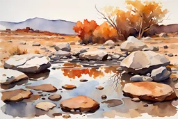 Sunny day, rocks, puddle, rocky arid land, fantasy, winslow homer watercolor paintings