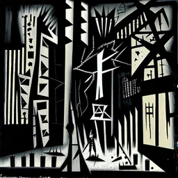 Abstract art masterpiece by Ray Johnson and Colin McCahon and Phlegm, depicting the concept of nyctophobia (fear of the dark). The surreal illustration is a mind-bending, asymmetric composition burning features and dark silhouettes evoking a sense of fear and unease. The 2D futuristic artwork showcases a unique blend of precise geometric shapes and straight lines.