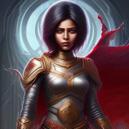 Fantasy setting, woman, dark-skinned, indian, ranger, 23 years old, wavy hair, red and black hair