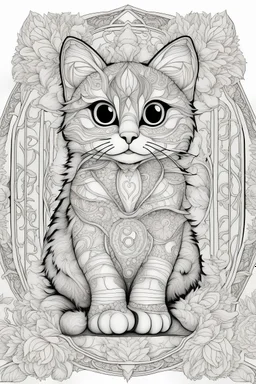 Coloring book, cat, mandala style, more white space around the edge of the page, centered, clear black lines, no shading, zoomed out, white frame