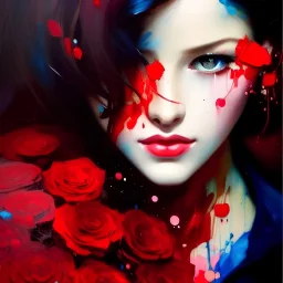 Red, beautiful girl, roses, hearts, paint splatter, Jeremy Mann, Pino Daeni, Alphonse Mucha and Alex Maleev and Liz Gael, oil splash, Paint Strokes, Ink Drip, a masterpiece, 8k resolution, trending on artstation, highly detailed intricate, black_lineart, sharp focus