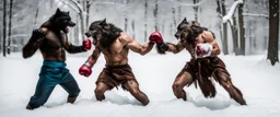 photo shoot of self aware werewolf boxing with shadow creature in ice cream and snow