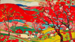 A red plain with Japanese cherry blossom trees painted by Wassily Kandinsky