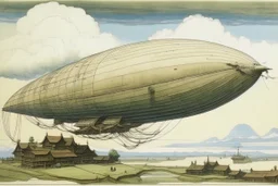 An airship in a windstorm above a village by Katsushika Hokusai