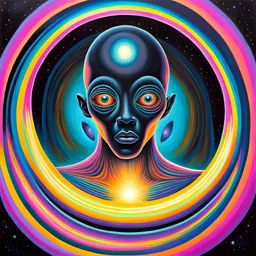 Gouache style surreal painting of a faceless alien with glittering glowing black skin and coming out of a never ending optical illusion wormhole portal, psychedelic art, abstract, concept art, high quality, bismuth, mid century modern sci-fi art