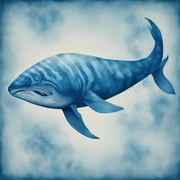 prehistoric fish-whale that is very weird looking blue ice-blue and white in anthotype print art style