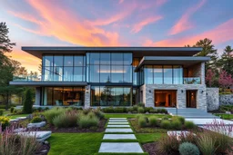 Ultra realistic photo of an extraordinary modern architectural masterpiece, elegant combination of glass, concrete and natural stone, large panoramic windows, minimalist luxury design, surrounded by landscaped gardens, practical and manufacturable construction, cinematic sunset lighting, architectural digest style, HOF, full size, (((realism, realphoto, architecture photography, professional photographer, captured with professional DSLR camera, 64k, photorealistic, ultra detailed, masterpiece)))