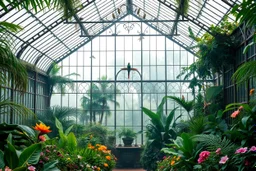 Victorian greenhouse overtaken by jungle, exotic birds nesting in iron rafters, morning mist, lost paradise atmosphere,a pretty model lady as queen wlking in flowers