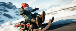 close up on gnome hit man with rocket boots in suit on a mech sled doing jumping stunt in winter wasteland, style of fallout 4, high speed with motion blur, on elevated road, beard blown into his face
