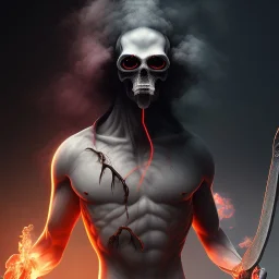 slobbering - Rendezvous,dark figure with scythe, full body, glowing eyes, grey mist, light rays, torch,ass face, long striped hair swirls, fog, smoke,