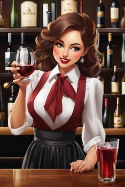 bartender girl with wavy skirt giving drink to drinker wine