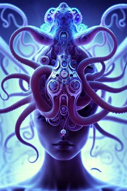 Spiritual being with Tentacles over human Head creating reality around, wrapping Tentacles around Human, Psychedelic