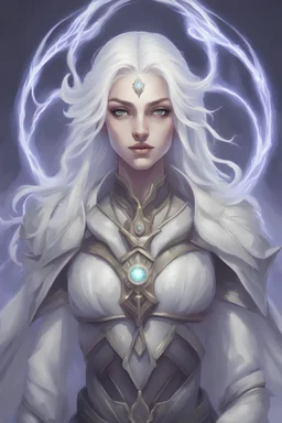 Generate a dungeons and dragons character portrait of the face of a female cleric of life aasimar that looks like a drow blessed by the goddess Selune. She has white hair and glowing eyes and is surrounded by holy light