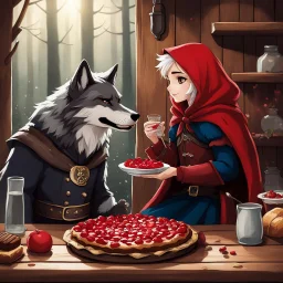 The Wolf and Little Red Riding Hood sat together in the cozy wooden kitchen, sharing a pie in a surprisingly friendly manner. The aroma of freshly baked pastries filled the air as they savored each bite, the tension that once existed between them now replaced by a sense of camaraderie. The Wolf, usually portrayed as the villain, had a twinkle in his eye as he chatted with Little Red Riding Hood, discussing the weather and the latest news from the forest.