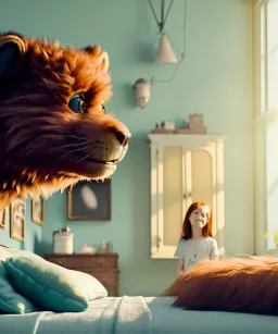 Realistic bedroom scene. big furry monster sitting. girl from behind. Wes Anderson style. Red hair, smile, happy, gradient color fog. highly detailed, concept art, unreal engine 5, ray tracing, RTX, lumen lighting, ultra detail, volumetric lighting, 3d, finely drawn, high definition, high resolution.