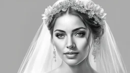 white background, bride, black and white pencil drawing, 3d, 64k, high resolution, high detail, computer graphics, hyperrealism, f/16, 1/300 sec. digital painting, double exposure,