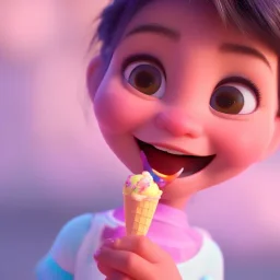 cute, adorable, smiling girl eating ice cream, candies flying all around her, Pixar, disney, cinema lighting, gaming, 8k, magic, love --q 1 --v 4