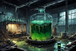 abandoned lab, a large glass vat filled with fluid and an experimental ghoul, post-apocalyptic style, night