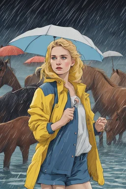 In the music video, a 23-year-old woman with blonde hair and bright blue eyes stands in the sea, se has a bun. dressed in a yellow fisherman's jacket. She holds an umbrella, but it offers no protection from the pouring rain. Around her, heavy horses are moving. The rain is pouring heavily. She is standing in the middle of the sea. You can see here completely. She is wearing a fishers outfit. NOT SEXY!!