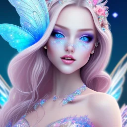  beautiful, soft, whide smile face,whole head,see full head, long blonde straight hair, blue eyes, fairy wings on the back, transparent crystal blue and pink clothes, background blue and pink, big definition, 8K