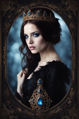 portrait of a young gothic queen with brown hair and blue eyes, very beautiful, dark fantasy