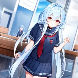 Clear focus, High resolution, long fluffy light blue hair, hair between eyes, long locks, wearing a sailor uniform, wearing a sailor skirt, long black socks, 1girl, cartoon, cute, UNFOTABLE studio, red tie, walking, outside setting