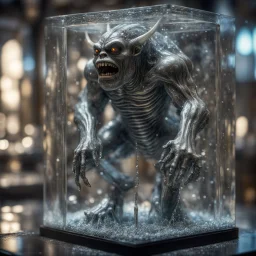 giger escher ogre araknid sculpture in transparent murano glass beeing sprinkled by fountain inside broken glass box,bokeh like f/0.8, tilt-shift lens 8k, high detail, smooth render, down-light, unreal engine,bokeh like f/0.8, tilt-shift lens 8k, high detail, smooth render, down-light, unreal engine