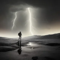 A man walking on the moon during a thunderstorm