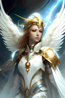 Belle jeune femme archange galactique, commandant chef flotte de vaisseaux blanc très lumineux. Archange porte combinaison blanche lumière, très féminine, divine