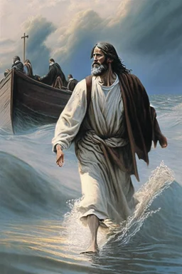 Peter walking on water from the boat going to Jesus Christ on the shore