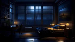 Beautiful cozy bedroom with floor to ceiling glass windows overlooking city at night, blue atmosphere, yellow light lamps, water on the bed thunderstorm outside, with rain inside, detailed, high resolution, photorrealistic, dark, gloomy, moody aesthetic
