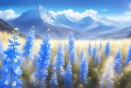 blue, gold light effects colors, magic fields with delphinium flowers around, blue and white mountains in background, clear sunny light, highly detailed, high contrast, 8k, high definition, realistic, concept art, sharp focus