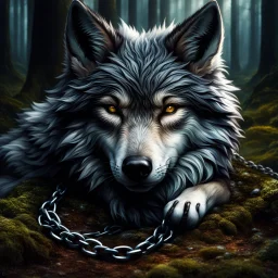 sad small scruffy wolf with a chain around its neck laying down eyes closed, photorealistic, dark fantasy, forest