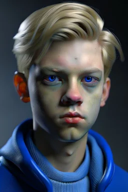 Hyperrealistisch 16jähriger schlanker effeminierter blonder Junge mit hellblauen Augen, das Haar mit Gel nach hinten gekämmt, langer dunkelblauer Filzmantel, darunter weißes T-Shirt und Jeans