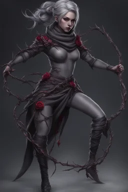 female gray skin, Shadar-Kai wielding a Whip made out of black thorns, clothes with a dark rose theme